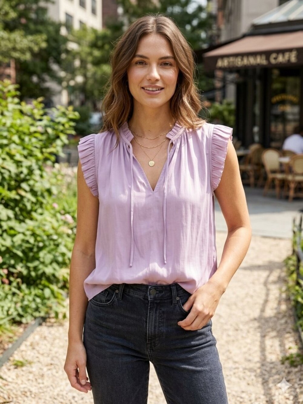 Current Air Lavender Ruffle Cap Sleeve Tie Neck Blouse XS